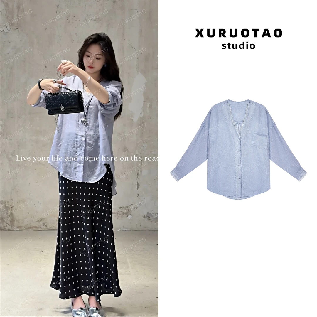 XURUOTAO 【紫雾】100苎麻蕾丝领口设计感显瘦蓝紫色上衣 T5402