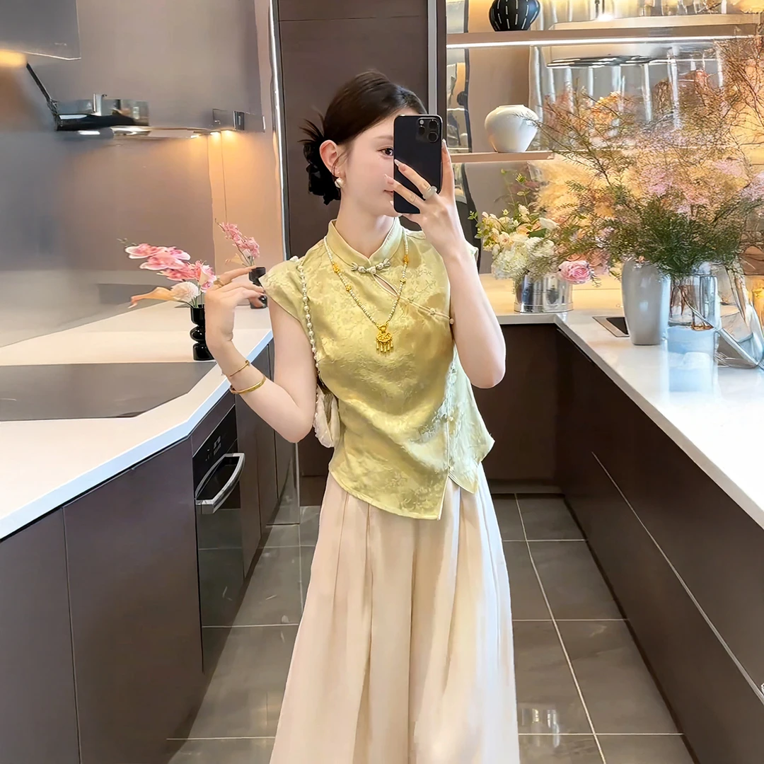 2025新款夏季缎面提花气质收腰显瘦上衣高腰阔腿长裤子女装两件套