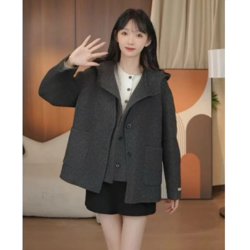 HSTYLE/韩都衣舍新款两件套休闲连帽马甲双面羊毛大衣