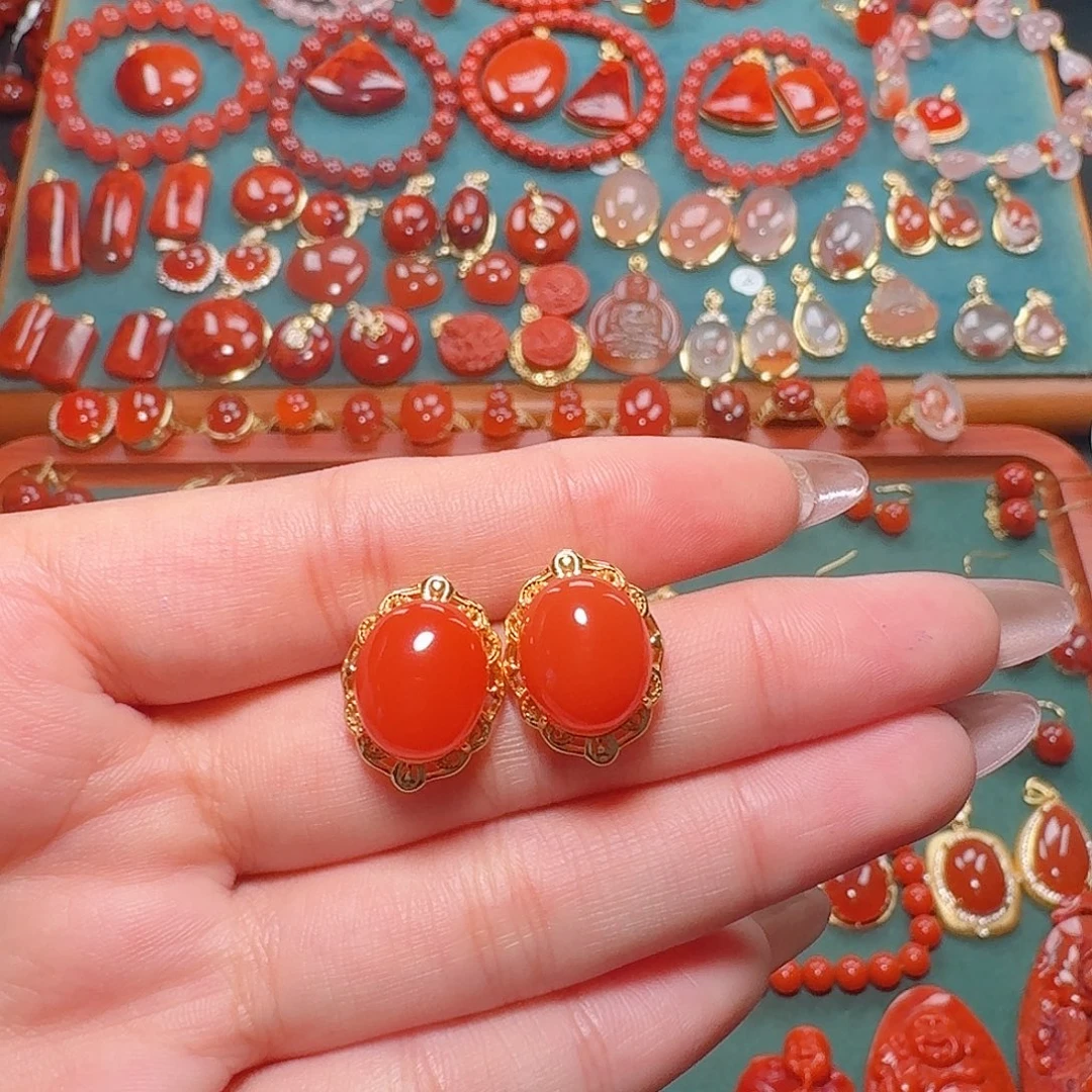 南红玛瑙银S925镶嵌耳饰