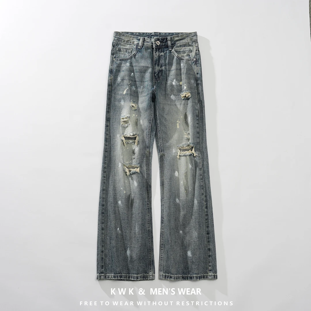 牛仔裤男款宽松直筒水洗破洞显瘦喇叭裤百搭痞帅漆点潮牌休闲长裤