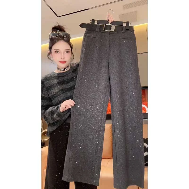深灰色满天星阔腿裤女2025年新款时尚百搭显瘦垂感休闲裤