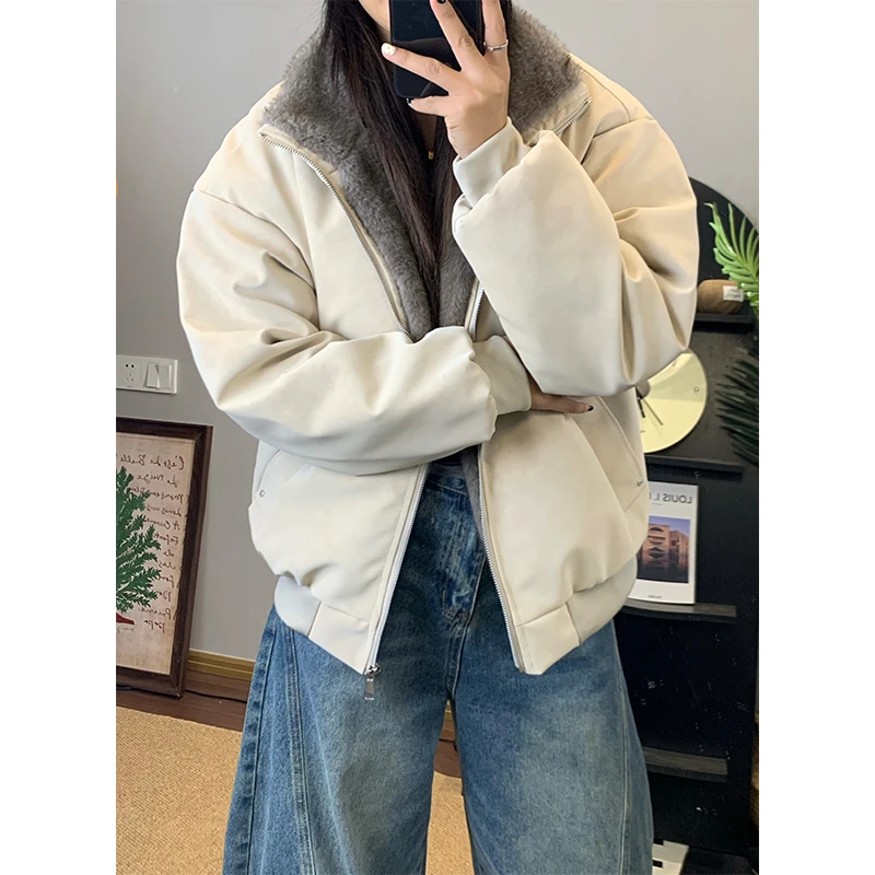 美式复古双色貂毛重磅保暖座山雕加绒加厚PU皮立领棉衣情侣外套