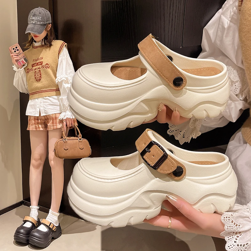 ins时尚外穿厚底洞洞鞋夏季海边沙滩包头凉拖鞋矮子乐女款防滑鞋