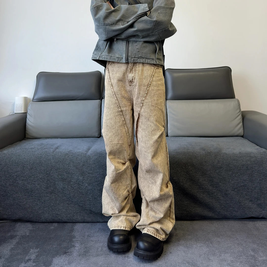 KUKU 西部牛仔重度水洗软木塞卡其色直筒褶皱阔腿男女潮牛仔裤