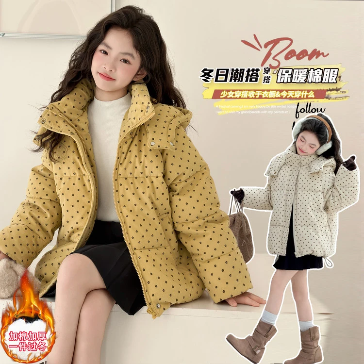 女童加厚棉衣冬季新款中大童韩版洋气连帽外套儿童保暖冬装4-15岁