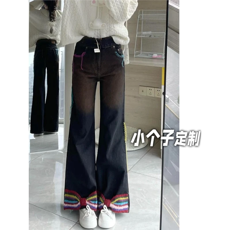 150小矮个子流苏彩线蝴蝶结牛仔裤女秋设计感高腰直筒复古阔腿裤