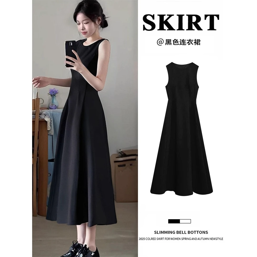 黑色无袖连衣裙女法式赫本风高级感a字掐腰长裙夏日绝美小黑裙子