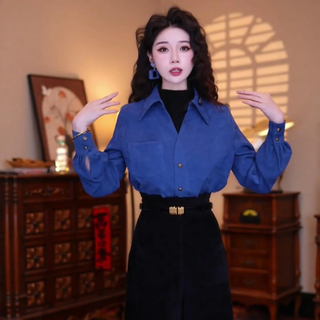 肉肉【海的那边】港味复古气质设计感假两件长袖上衣2025秋冬衬衣