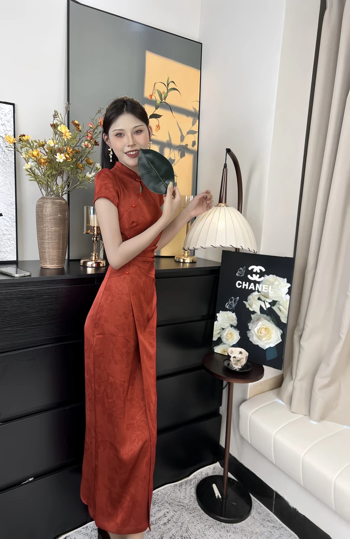 【胭脂染】国风新中式铁锈红暗纹提花温婉大气典雅旗袍连衣裙