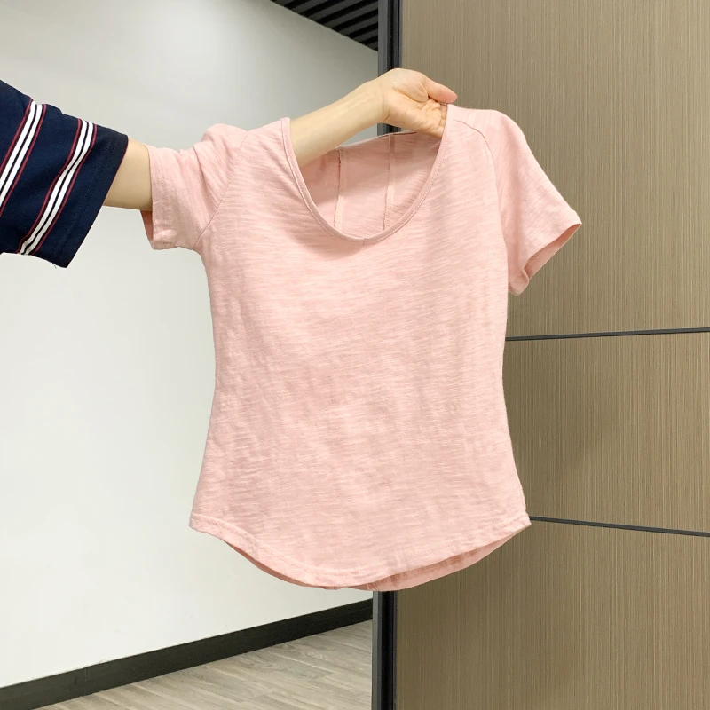 小婉薇 浅粉纯欲款正肩修身显瘦短袖T恤女2025夏季新小上衣女