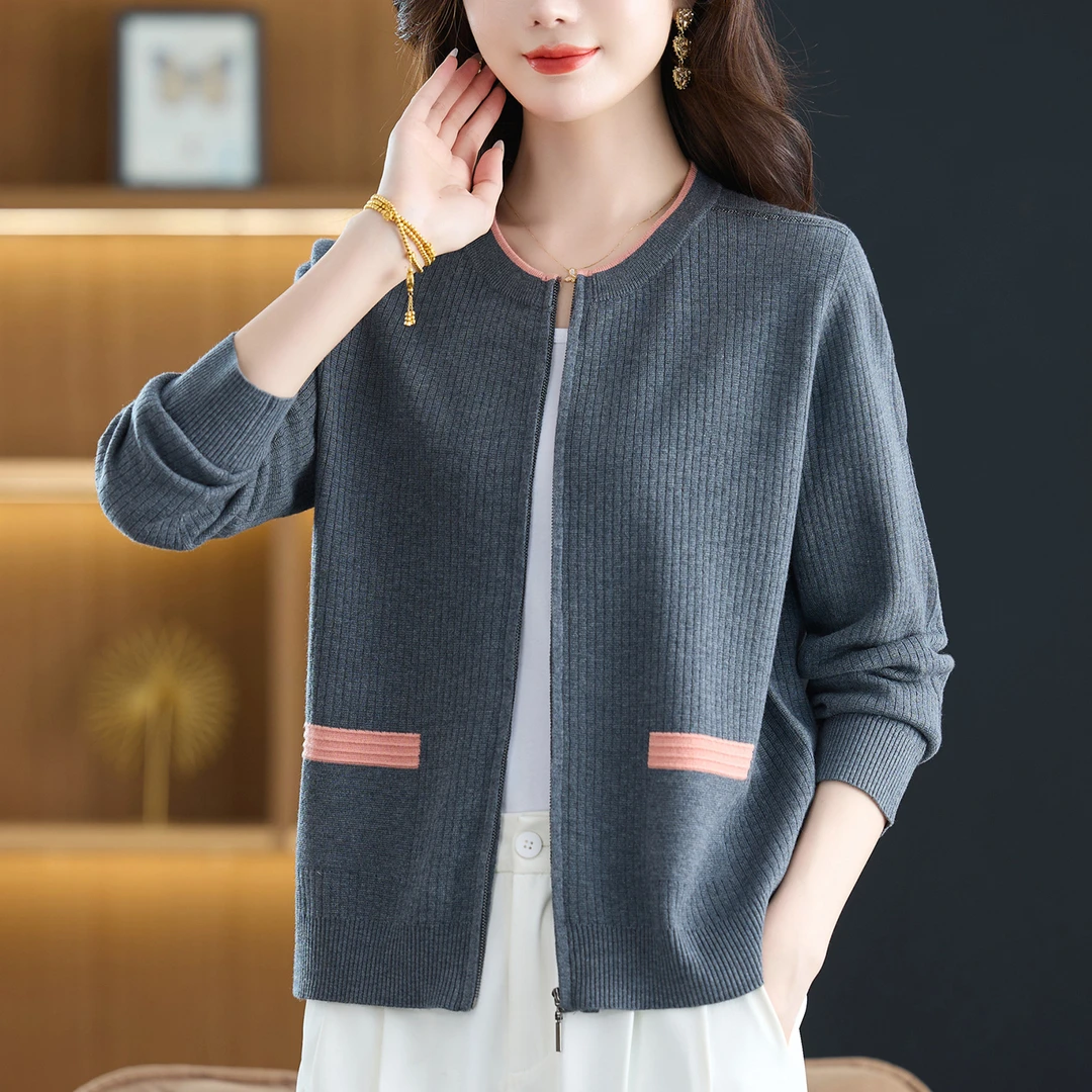 圆领拉链针织开衫女春秋百搭休闲上衣2025新款大码毛衣外套妈妈装