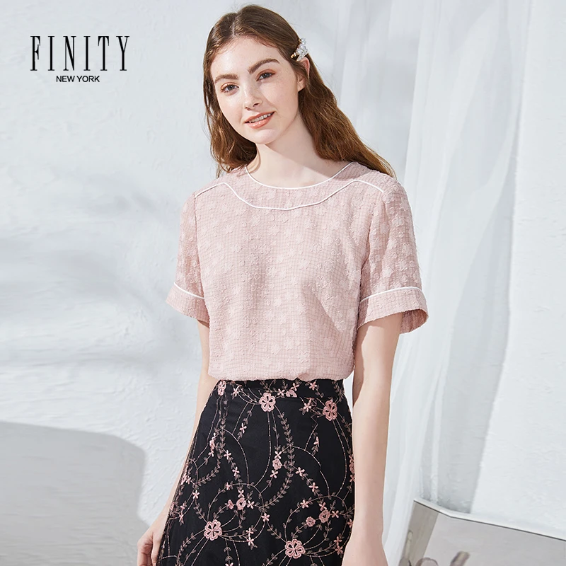 【粉丝专享】FINITY 时尚雪纺上衣女提花洋气圆领小衫 F21TC5195T