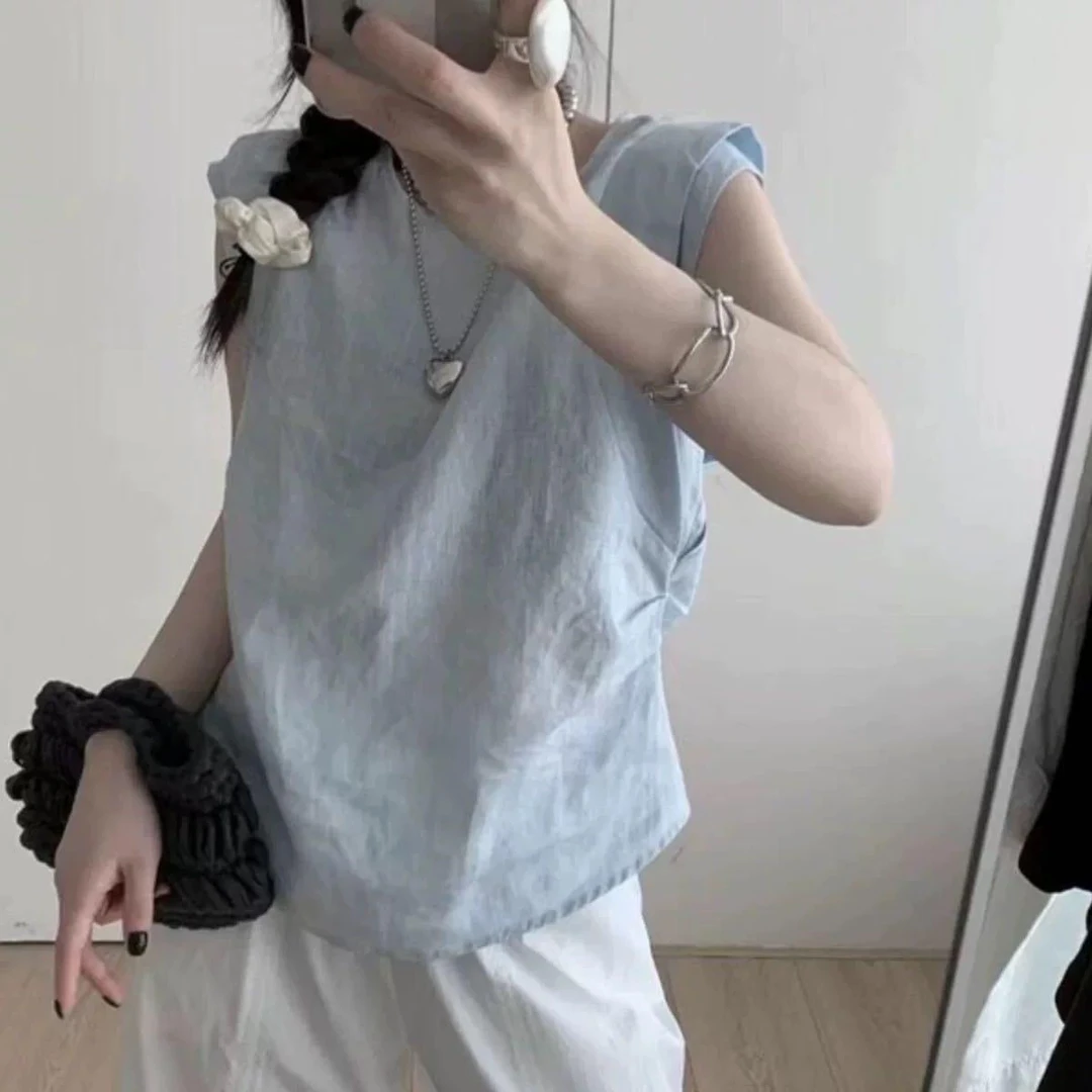 设计感无袖后背露腰衬衫0182