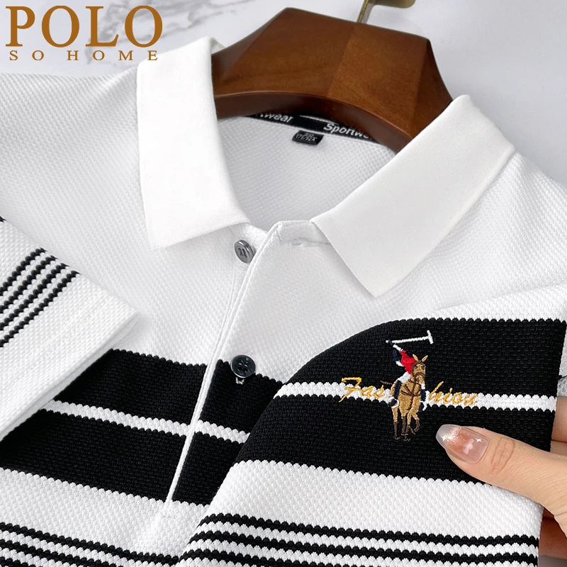 保罗POLO衫男短袖t恤条纹翻领夏季小马标商务新款宽松时尚百搭潮T