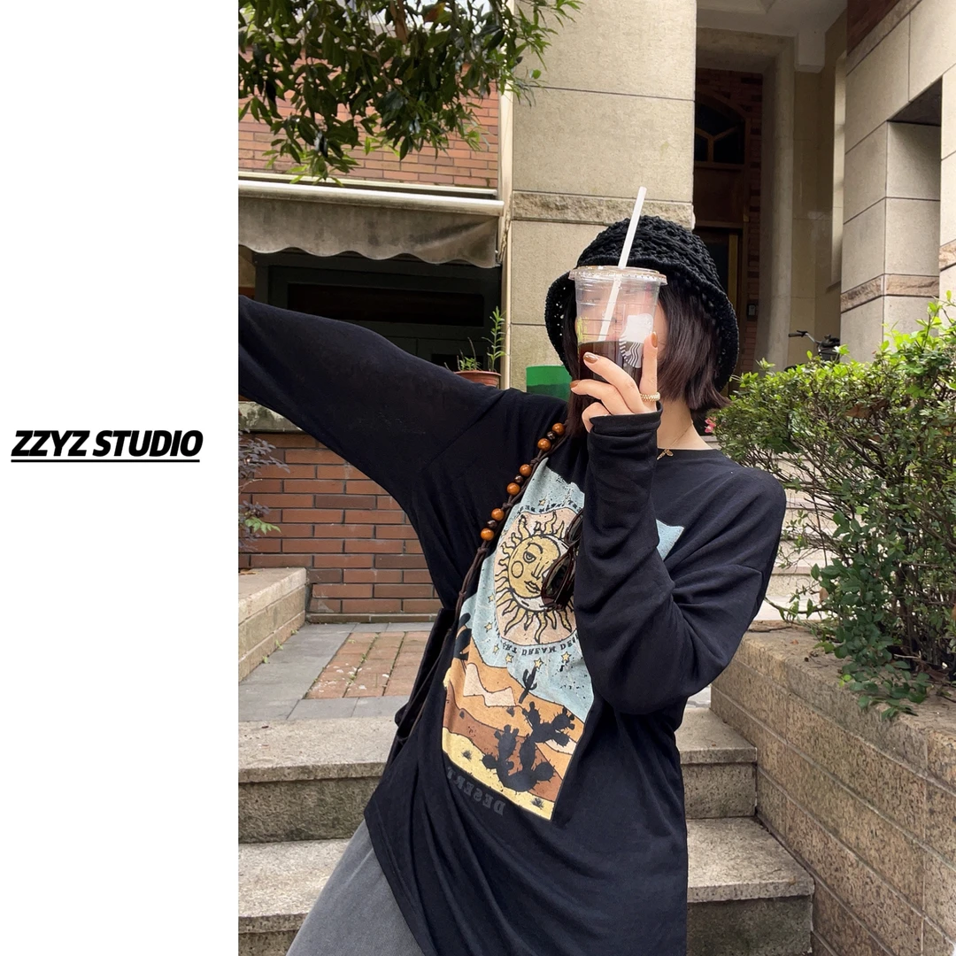 【ZZYZ】“炽阳漠影”设计感太阳印花薄款慵懒风宽松百搭长袖T恤