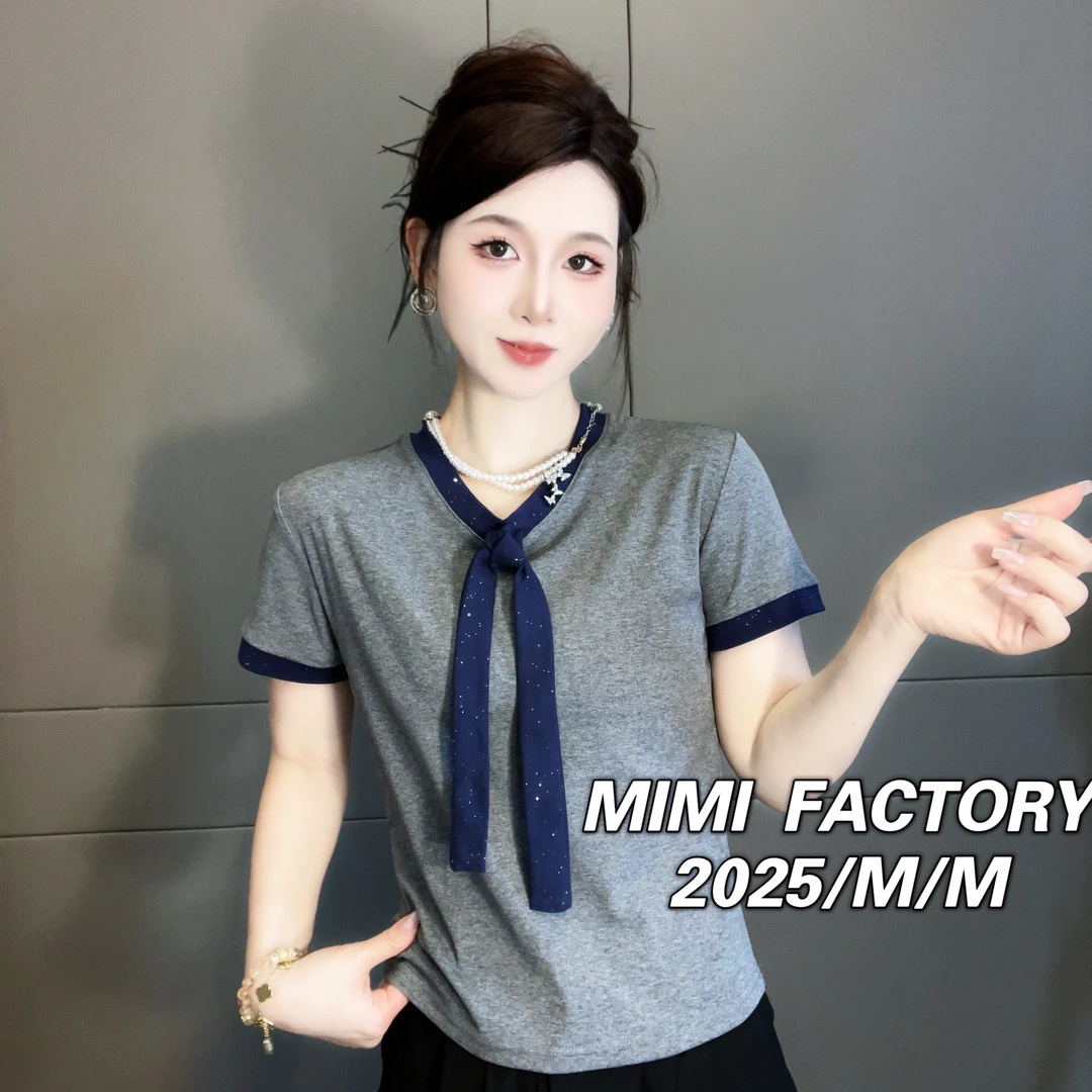2025夏季新款 气质领带设计短袖T恤女修身显瘦上衣5020#
