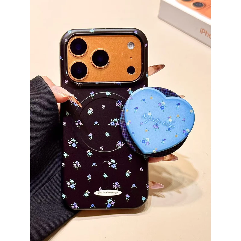 小清新黑底碎花蓝爱心磁吸支架适用苹果17promax手机壳15iphone16