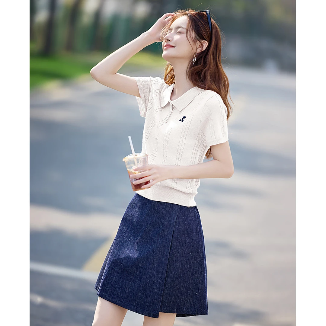 尚静温柔甜美polo领短袖针织衫2025夏季新款时尚休闲气质百搭减龄