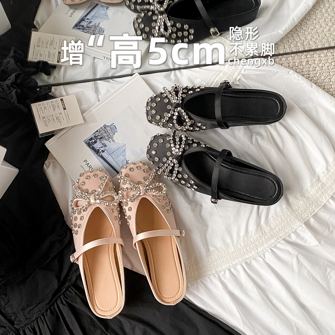 【葡萄茵】5cm内增高水钻蝴蝶结包头半拖鞋女夏小香风玛丽珍单鞋