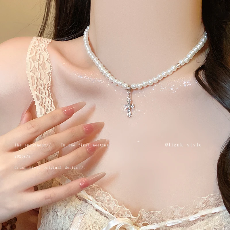 钛钢项链 甜酷辣妹珠珠十字架双层叠戴项链女小众时髦锁骨链颈链