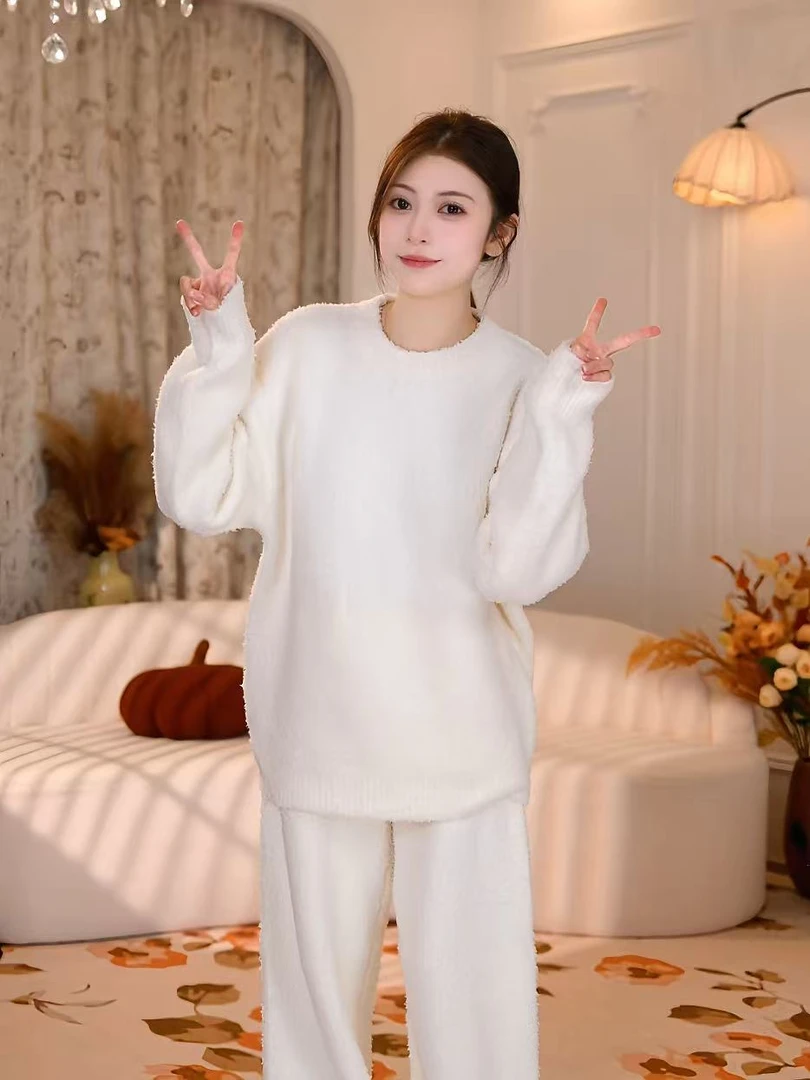 奶油白【男女同款】2025秋冬季可外穿家居服慵懒显瘦加绒保暖半边绒