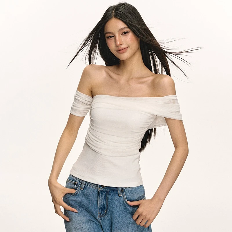 anna aneae白色一字肩短袖t恤女夏季设计感收腰短款露肩抹胸上衣