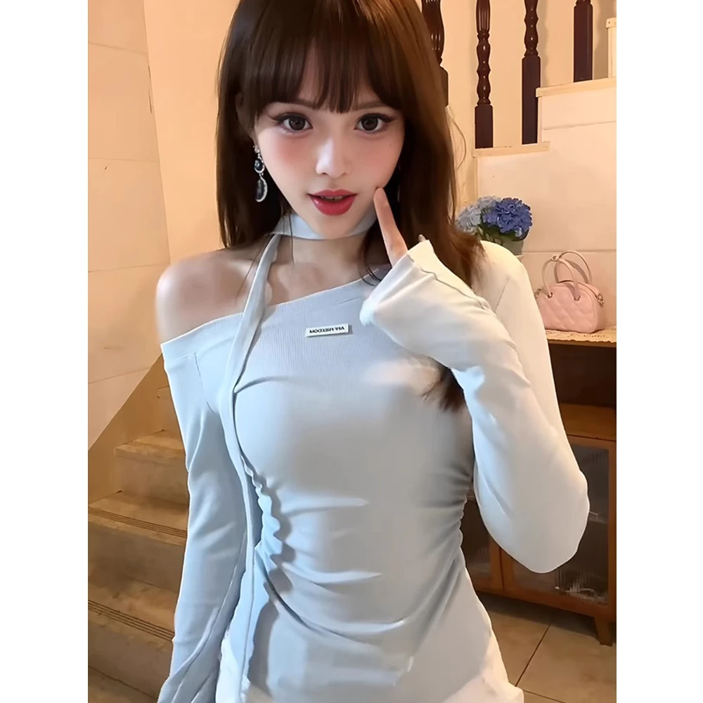 一字领长袖t恤上衣女2025早春季新款修身设计感复古斜肩打底衫ins