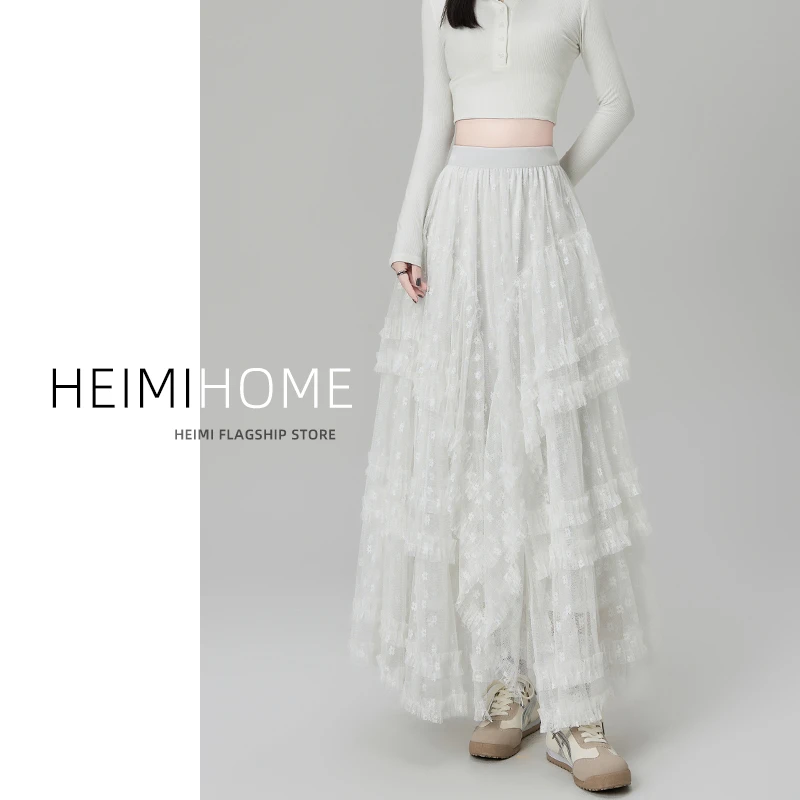 白色蕾丝半身裙女2025春夏季不规则a字纱裙设计感蓬蓬蛋糕长裙潮