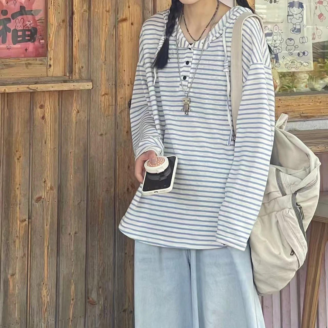夏季新款休闲百搭时尚蓝色条纹长袖连帽T恤23EN66