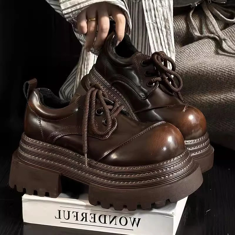 欧货厚底增高小皮鞋女2025春秋新款时尚英伦风矮子乐系带乐福单鞋