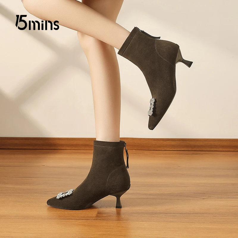 15MINS/15分钟水钻气质时装靴女细跟配裙子短靴加绒尖头瘦瘦靴