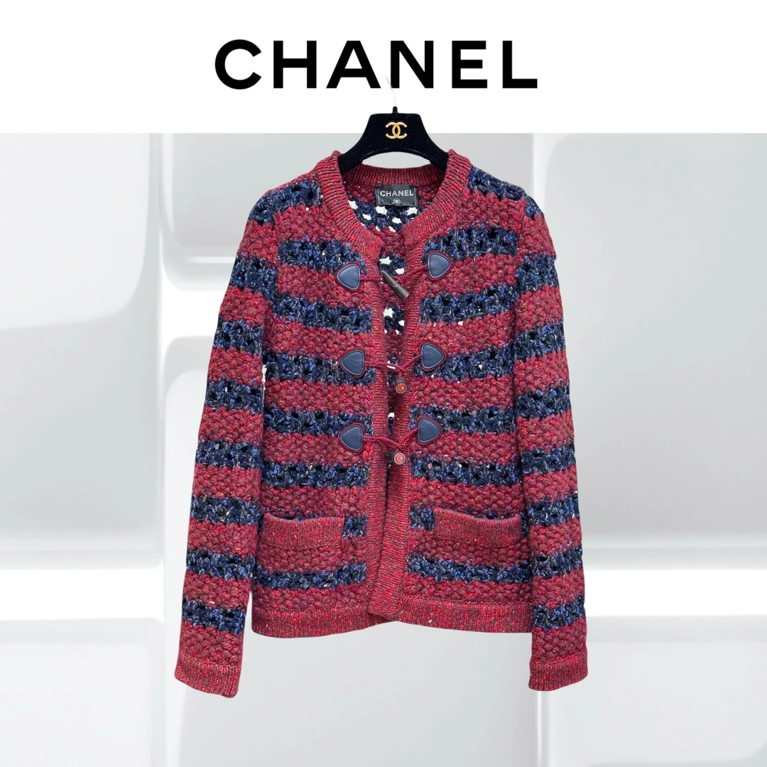 99新 Chanel/香奈儿 34码红蓝条纹牛角扣长袖开衫，外套