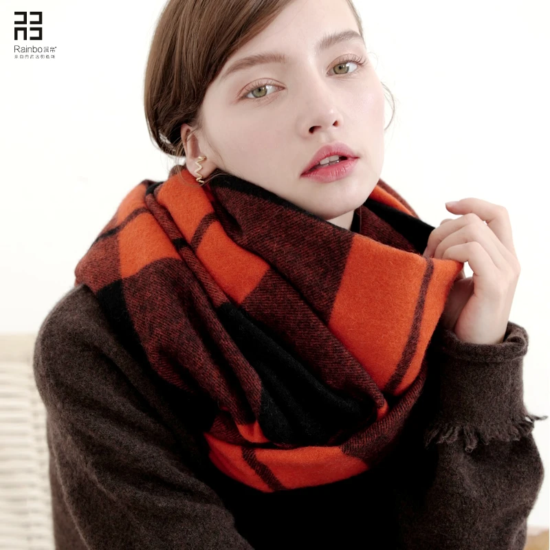 纯羊毛橘黑格子围巾 加厚长款披肩