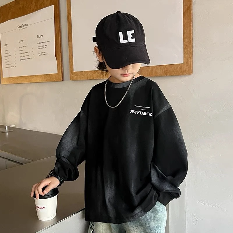 男童长袖t恤春秋款2025新款儿童装韩版宽松休闲扎染上衣T大童秋装