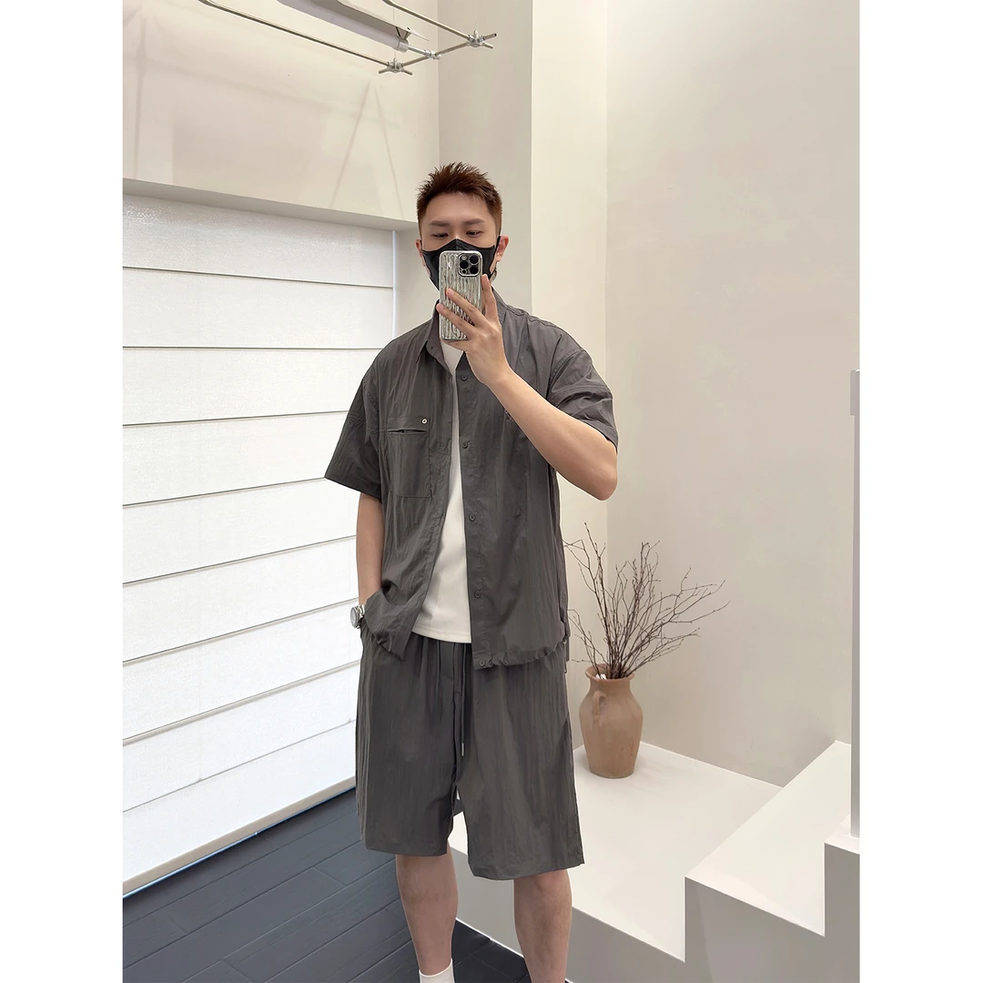 里奈男装2025夏季新款透气高级感休闲衬衫套装男士宽松垂感短袖潮