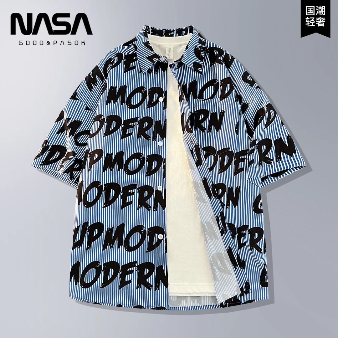 NASA短袖衬衫男士夏季冰丝薄款潮牌个性印花条纹宽松青年休闲衬衣