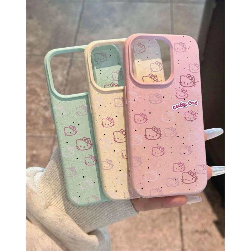 可爱线条KT猫适用苹果16p/15手机壳iPhone14promax13荔枝纹12软11