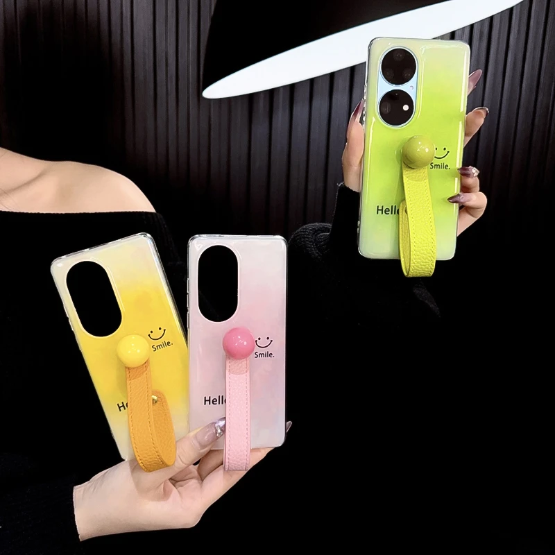 适用华为p50pro手机壳新款p50套huawei贝壳纹渐变色ins笑脸腕带女
