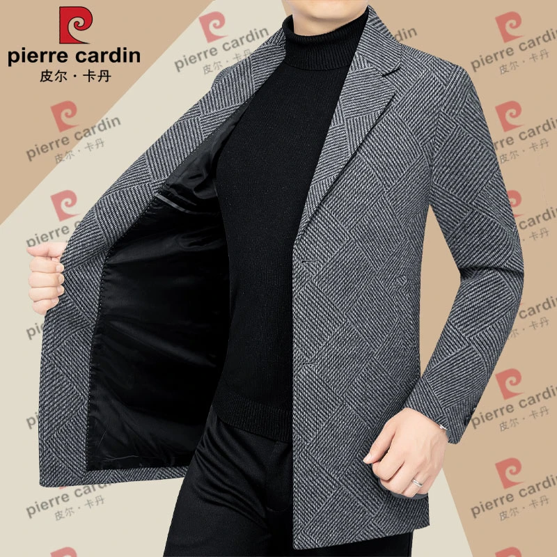 皮尔卡丹秋冬款毛呢大衣中长款男士西装领夹克男外套商务休闲纽扣