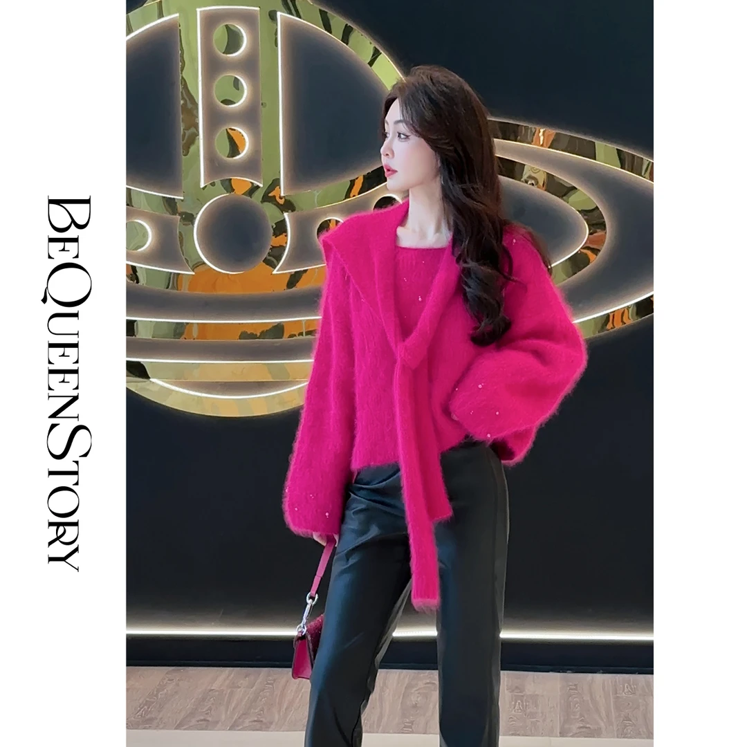 余潇潇【梦之花舞】珍珠点缀宽松慵懒套头红色毛衣披肩