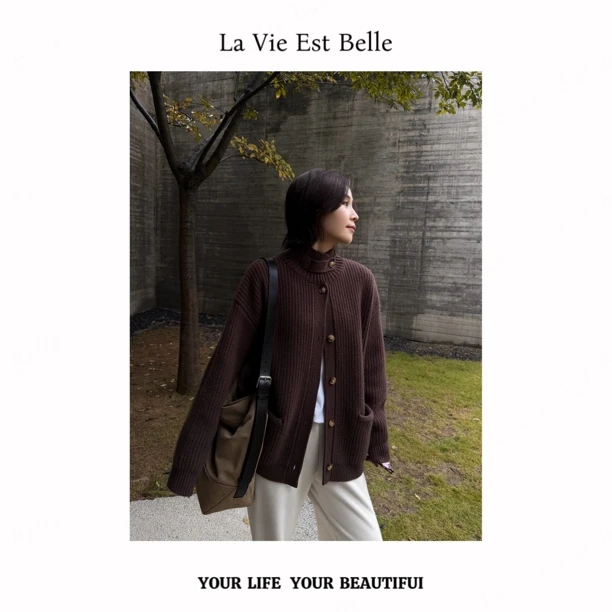 【柏林之声】1030克羊毛开衫毛衣领口带扣秋冬慵懒复古上衣SY-M042