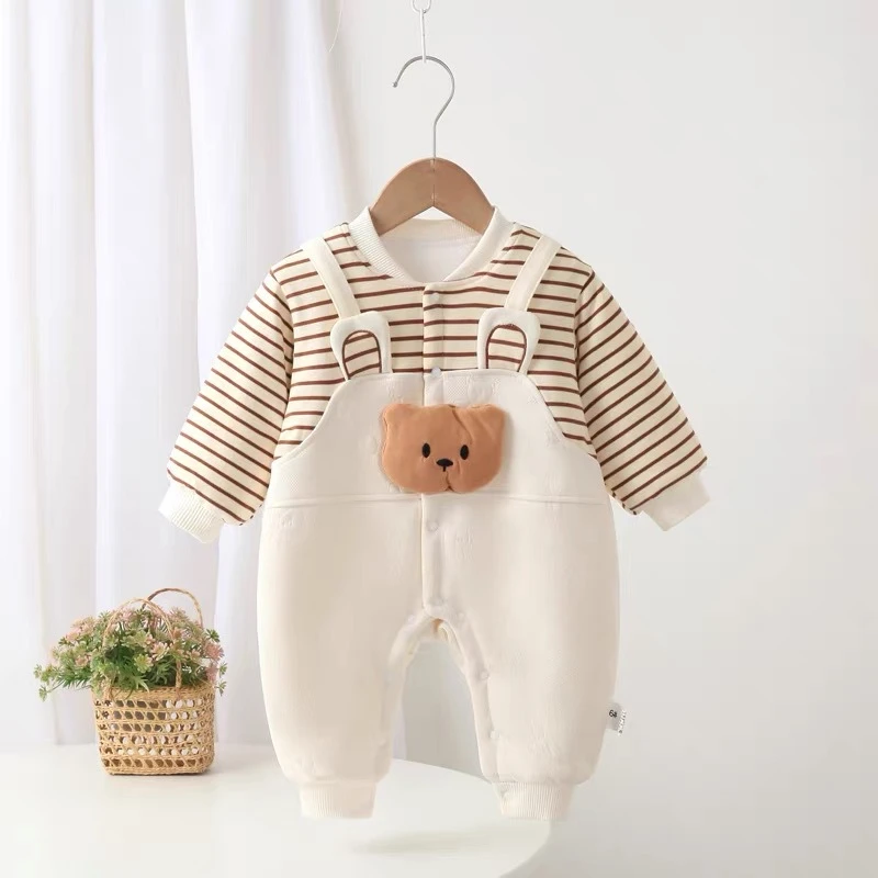 春秋季宝宝哈衣夹棉保暖服卡通小熊婴儿加棉连体衣假两件外出服