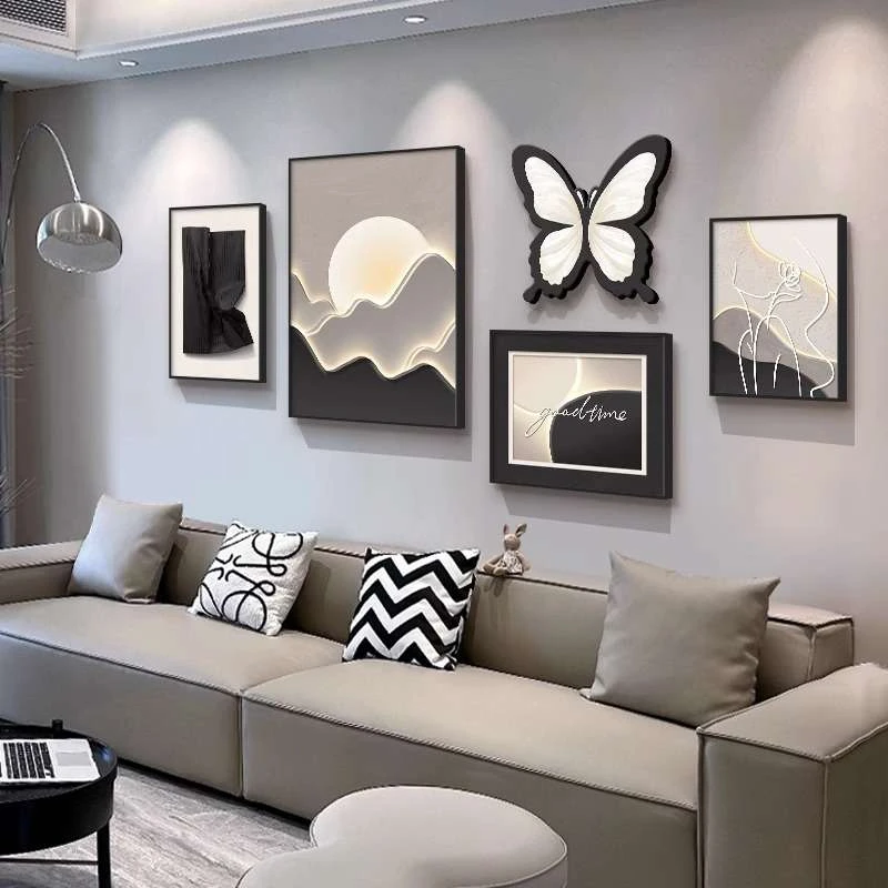 现代简约客厅装饰画轻奢高级感沙发背景墙挂画2025新款黑白灰壁画