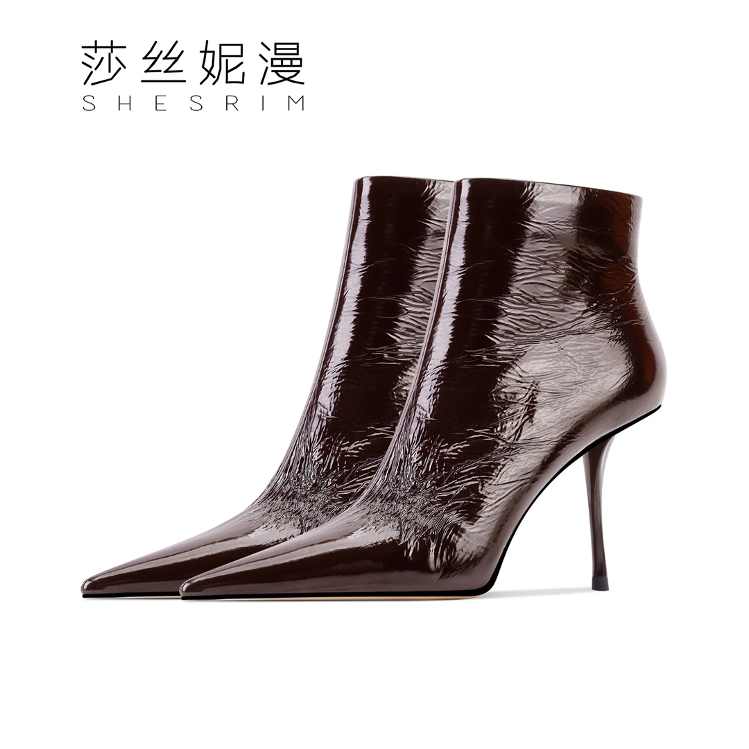 时尚设计师款尖头高跟短靴女2025年冬新款百搭绒里/单里气质靴子