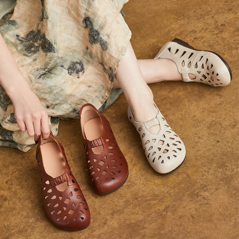 透气网皮鞋子软底妈妈鞋真皮女鞋夏季包跟洞洞鞋百搭镂空女士单鞋