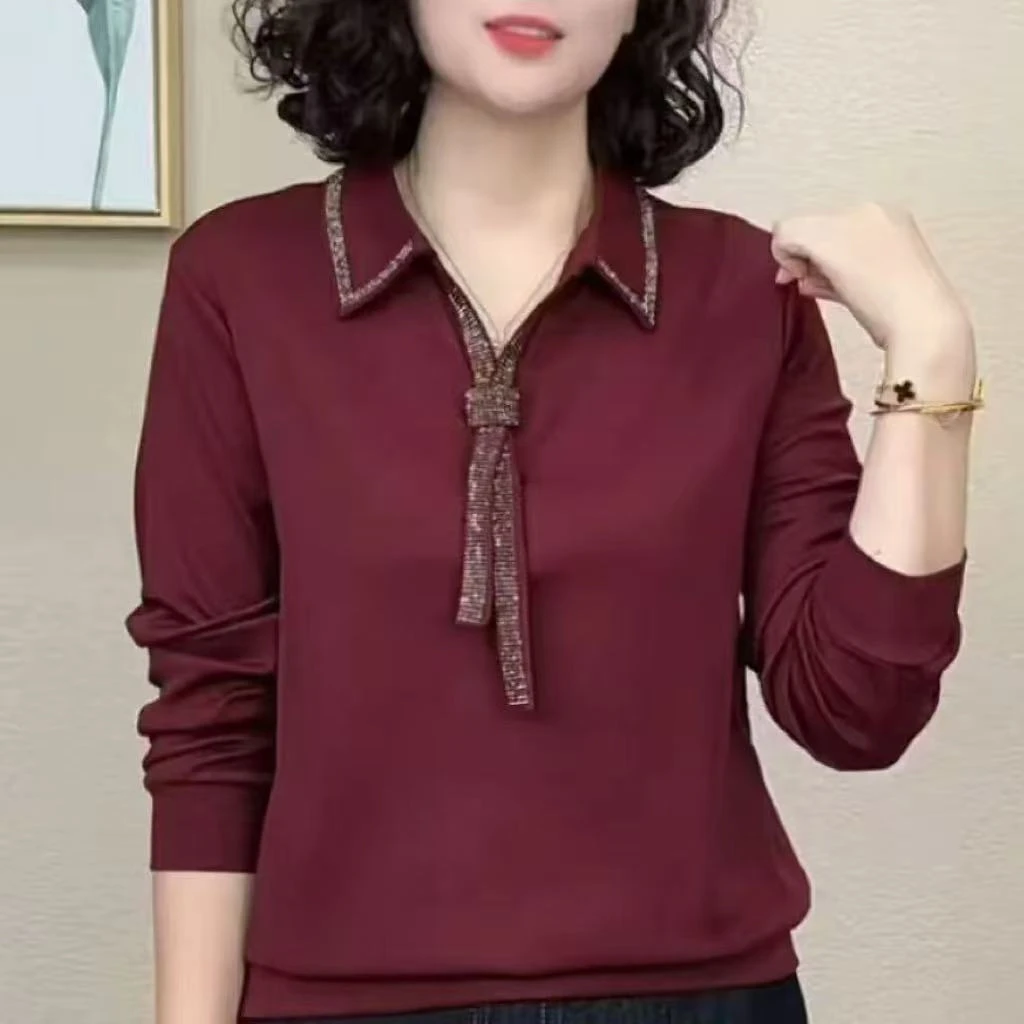 秋季新款时尚烫钻翻领打底小衫气质减龄百搭长袖上衣女#3206