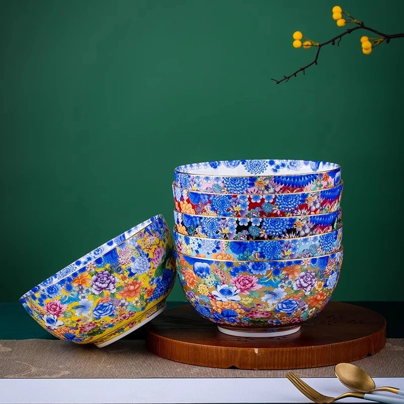 景德镇陶瓷器描金斗彩万花大汤碗面碗家用中式宫廷风轻奢高档餐具