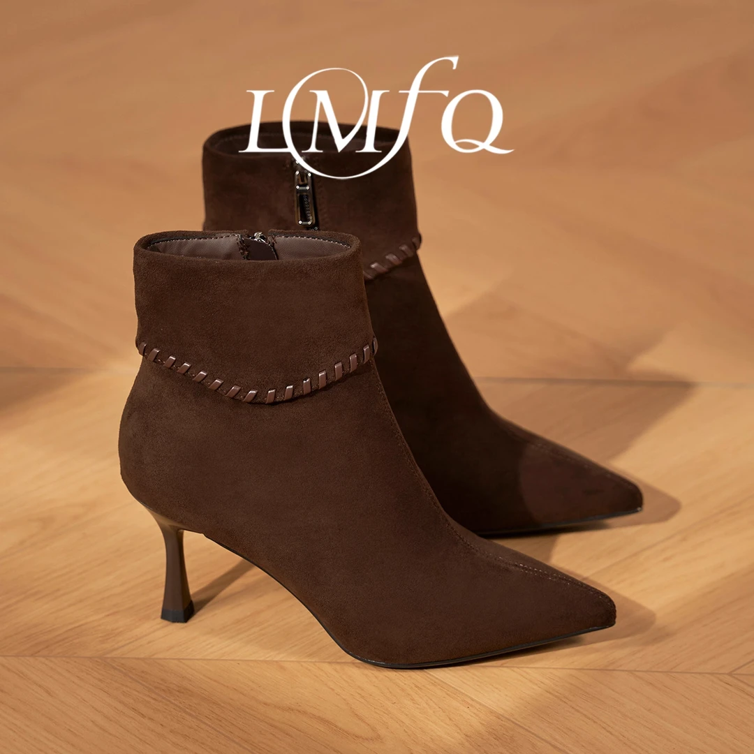 绒面气质时尚高跟短靴女2025冬季新款设计感编织细跟侧拉链时装靴