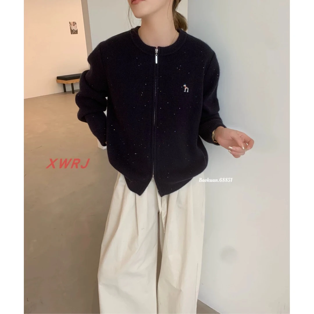 68851 点子纱刺绣双拉链加厚毛衣外套